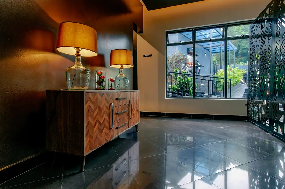 The Business Lounge, lamps and garden windows